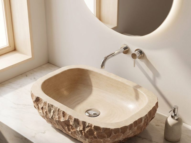 Lavabo com cuba de arenito creme e espelho redondo